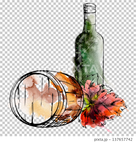 Winery still life with bottle, wooden aging barrel, grape leaf. Isolated illustration hand drawn in watercolor and ink for wine tour promotion, craft product identity, rustic decor, gourmet marketing. Winery still life with bottle, wooden aging barrel, grape leaf. Isolated illustration hand drawn in watercolor and ink for wine tour promotion, craft product identity, rustic decor, gourmet marketing. 137657742