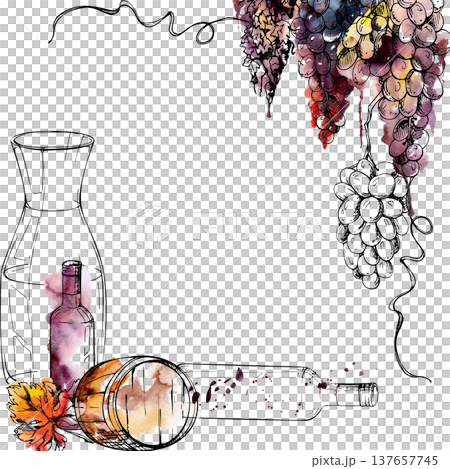 Vineyard corner frame with barrel, wine bottle, decanter and grapevine of grape bunches, leaves and tendrils, ink outline, hand painted watercolor splash. Viniculture brochures, tasting invitations 137657745