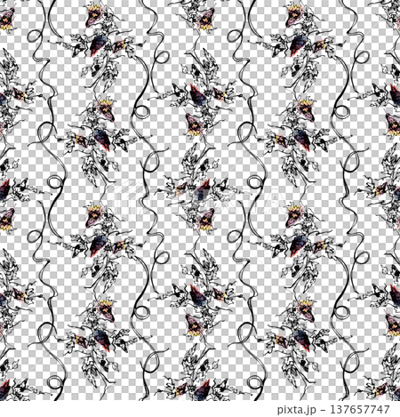 Striped seamless watercolor pattern of grapes hanging on vine twisted trunk with foliage and curled tendrils. Hand drawn in ink for gift wrap, culinary branding, brochures, organic product design Striped seamless watercolor pattern of grapes hanging on vine twisted trunk with foliage and curled tendrils. Hand drawn in ink for gift wrap, culinary branding, brochures, organic product design 137657747