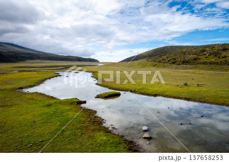 Scenic view of mountains and lake near Cotopaxi Volcano in Ecuador 137658253