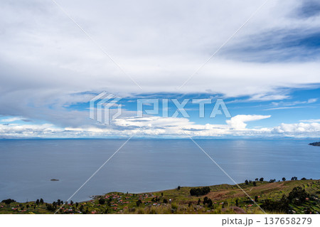 Terraced fields on Amantani Island overlooking Lake Titicaca, Peru Terraced fields on Amantani Island overlooking Lake Titicaca, Peru 137658279