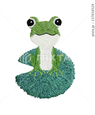【カエルと蓮の葉】手刺繍イラスト素材 137658529