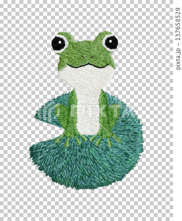 【カエルと蓮の葉】手刺繍イラスト素材 137658529