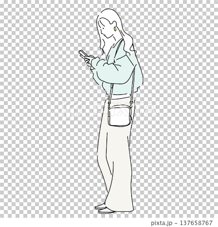 ミントカラーの春ニットコーデ スマホを見る女性の全身ファッションイラスト 137658767