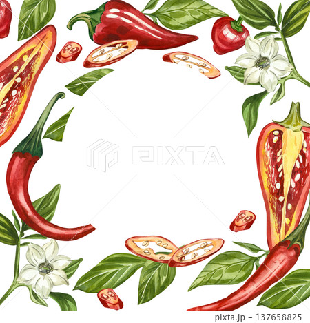 A frame with watercolor illustrations of chili peppers, jalapenos, and cayenne peppers whole and sliced, leaves, flowers. All hand-painted perfect for menus, invitations, and culinary design concepts. 137658825
