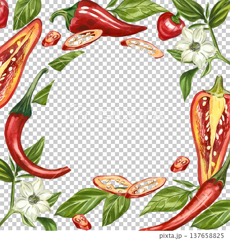A frame with watercolor illustrations of chili peppers, jalapenos, and cayenne peppers whole and sliced, leaves, flowers. All hand-painted perfect for menus, invitations, and culinary design concepts. 137658825