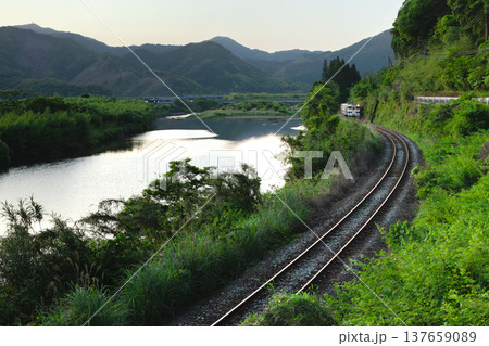 宮崎県日南市北郷町の広渡川の新緑を走る日南線キハ40 137659089