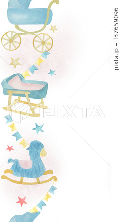 Seamless border vertical hand drawn watercolor illustration. Crib, baby stroller and rocking horse, with stars and flags . For decoration and design, posters, postcards, invitations baby shower 137659096