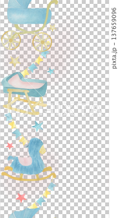Seamless border vertical hand drawn watercolor illustration. Crib, baby stroller and rocking horse, with stars and flags . For decoration and design, posters, postcards, invitations baby shower 137659096