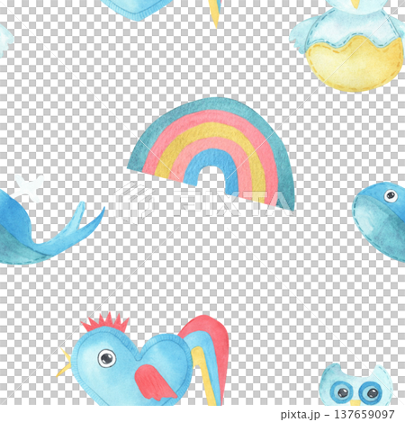 Watercolor multicolored seamless pattern rainbow, cute toy whale, cockerel and owl. Hand drawn nursery illustration suitable for children decor, textiles, wallpaper and playful prints, baby shower 137659097