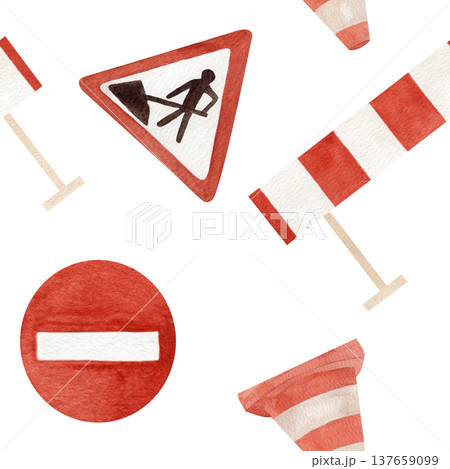 Watercolor seamless pattern with roadwork signs, barriers and traffic cones in red and white. Hand drawn transport-themed illustration suitable for educational prints, children decor, themed designs 137659099