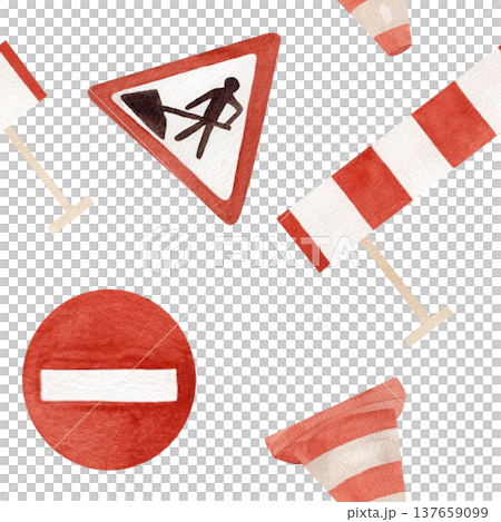 Watercolor seamless pattern with roadwork signs, barriers and traffic cones in red and white. Hand drawn transport-themed illustration suitable for educational prints, children decor, themed designs 137659099