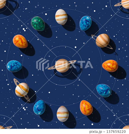 Colorful eggs placed in a circular pattern to represent planets in space during a festive event for children 137659220