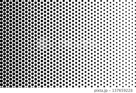 Repeated decreasing hexagons with halftone fading effect. Pattern with vanishing black honeycomb shapes on white background. Simple geometric print. Perforated structure. Vector graphic illustration Repeated decreasing hexagons with halftone fading effect. Pattern with vanishing black honeycomb shapes on white background. Simple geometric print. Perforated structure. Vector graphic illustration 137659228