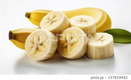 白背景のバナナ｜カット断面入りで並ぶ果物素材 137659482