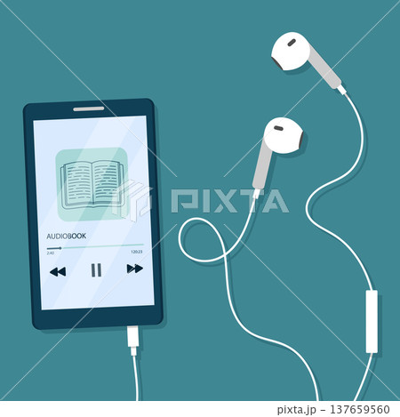 Audiobook on mobile phone screen with headset. Listen literature, e-books in audio format. Vector illustration in flat cartoon style. Audiobook on mobile phone screen with headset. Listen literature, e-books in audio format. Vector illustration in flat cartoon style. 137659560