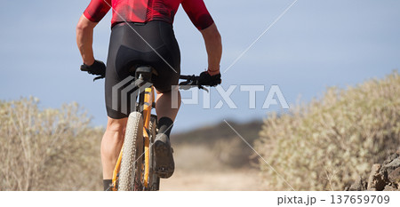 Mountain biker in action on a stone trail concept for healthy lifestyle, exercise and extreme sports. View from the back Mountain biker in action on a stone trail concept for healthy lifestyle, exercise and extreme sports. View from the back 137659709