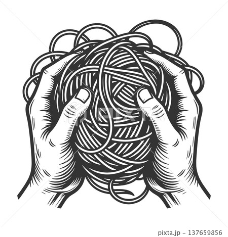 Hands Holding Tangled Ball Of Yarn sketch vector 137659856