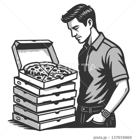 Disappointed Man Looking at Stack of Pizza Boxes Disappointed Man Looking at Stack of Pizza Boxes 137659860