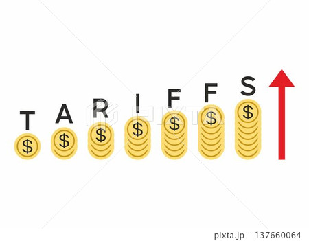Increasing import tariffs concept icon flat vector illustration. Stock illustration. Coins, red arrow and word "Tariffs". Increasing import tariffs concept icon flat vector illustration. Stock illustration. Coins, red arrow and word "Tariffs". 137660064