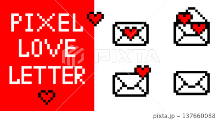 Red heart pixel envelope icon set in retro videogame style featuring digital love letter mail concept for arcade gamer design 8bit graphic illustration and vintage background 137660088