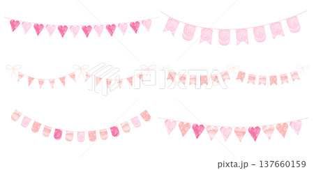Watercolor pink bunting garland set with pennant flags hearts and soft pastel textures hanging on string festive decoration for kids party baby girl celebration isolated illustration pack Watercolor pink bunting garland set with pennant flags hearts and soft pastel textures hanging on string festive decoration for kids party baby girl celebration isolated illustration pack 137660159