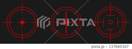 Set of circular red crosshair icons for aiming systems. Vector reticle graphics for shooter games, weapon optics, tactical HUD interfaces, combat targeting, and futuristic digital displays. 137660167