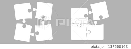 Set of two small jigsaw puzzles with four pieces each partially connected clean white outline design symbolizing teamwork collaboration problem solving and unfinished business process for infographic Set of two small jigsaw puzzles with four pieces each partially connected clean white outline design symbolizing teamwork collaboration problem solving and unfinished business process for infographic 137660168