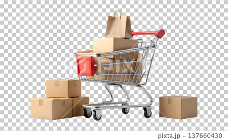 購物車裝滿了東西，紙箱成堆——這就是購物的景象。 137660430