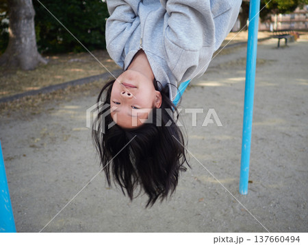 春の昼の公園で楽しく鉄棒で遊んでいる十代の女の子の姿	 137660494