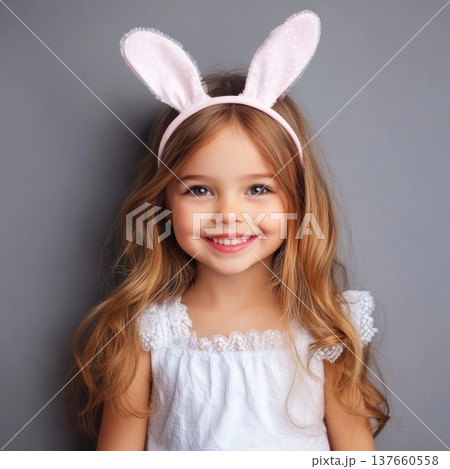 Young girl wearing bunny ears smiles joyfully in a bright, cheerful setting capturing the essence of playful innocence 137660558