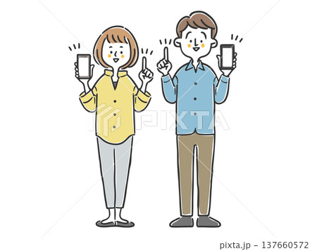 スマホを持って説明する夫婦のイラストセット 全身 ベクター スマホを持って説明する夫婦のイラストセット 全身 ベクター 137660572