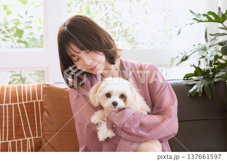 マルチーズを抱く女性 ペットと暮らす癒しの時間 リビングで過ごす犬のいる生活 137661597