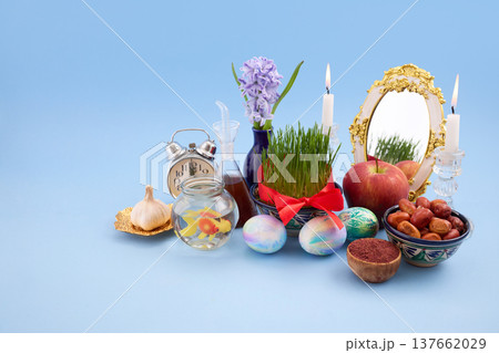 Traditional nowruz haft-sin table representing persian new year Traditional nowruz haft-sin table representing persian new year 137662029