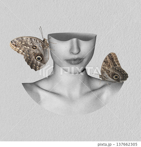 Woman's head with empty mind and floating butterflies Woman's head with empty mind and floating butterflies 137662305