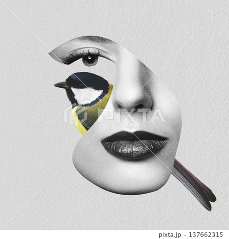 Woman's face merging with a great tit bird 137662315