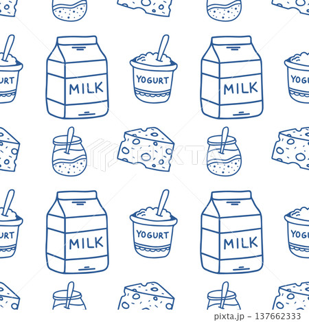Milk and dairy product seamless pattern with bottle and cheese Milk and dairy product seamless pattern with bottle and cheese 137662333