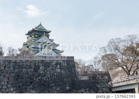 青空にそびえ立つ大阪城天守閣と巨大な石垣の風景 137662393