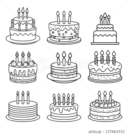Happy birthday cake icon set collection in outline stroke flat style. Pie with candles vector illustration on isolated background. Sweet dessert sign business concept. Happy birthday cake icon set collection in outline stroke flat style. Pie with candles vector illustration on isolated background. Sweet dessert sign business concept. 137662552