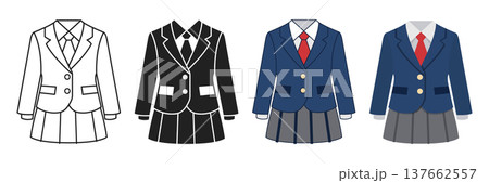 Girl school uniform icon set collection in flat style. Education wear vector illustration on isolated background. Woman garment sign business concept. 137662557