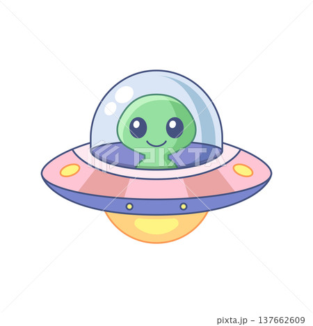 UFO spaceship colorful icon in flat style. Spacecraft vector illustration on isolated background. Futuristic transport sign business concept. 137662609