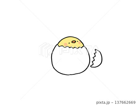 卵の殻にこもって顔を出す可愛いヒヨコのイラスト（引きこもり・誕生） 137662669