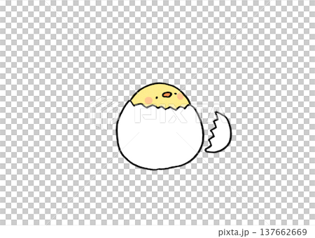卵の殻にこもって顔を出す可愛いヒヨコのイラスト（引きこもり・誕生） 137662669