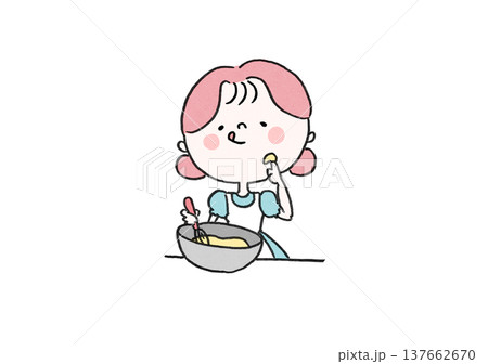 ボウルに入った手作りお菓子の生地を味見する女の子のイラスト（お菓子作り） 137662670