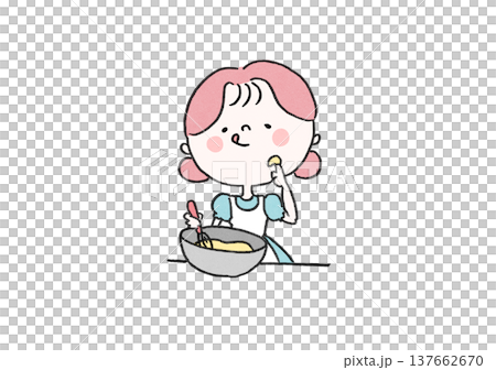 ボウルに入った手作りお菓子の生地を味見する女の子のイラスト（お菓子作り） 137662670