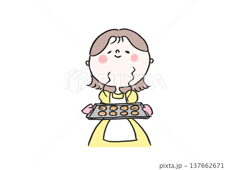 オーブンから出した焼きたてクッキーの良い匂いを嗅ぐ女性のイラスト 137662671