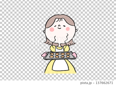 オーブンから出した焼きたてクッキーの良い匂いを嗅ぐ女性のイラスト 137662671