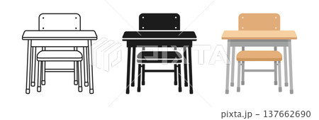 School desk icon set collection in cartoon flat style. Education chair and table vector illustration on isolated background. College furniture sign business concept. 137662690