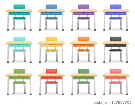 School desk icon set collection in cartoon flat style. Education chair and table vector illustration on isolated background. College furniture sign business concept. 137662703