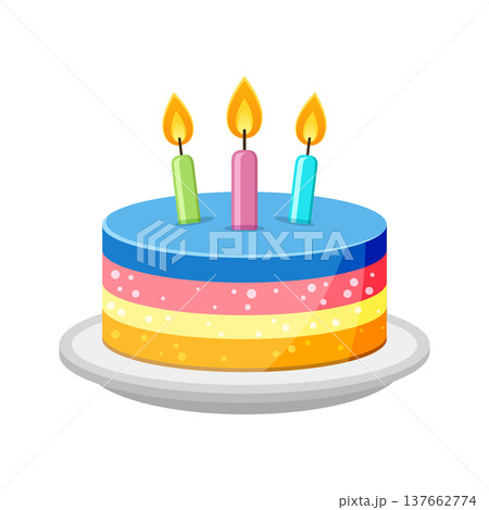 Happy birthday cake icon in colorful flat style. Pie with candles vector illustration on isolated background. Sweet dessert sign business concept. Happy birthday cake icon in colorful flat style. Pie with candles vector illustration on isolated background. Sweet dessert sign business concept. 137662774